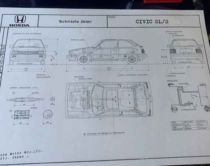 Honda Civic SL/S 1981 construction drawing ART work Blueprint