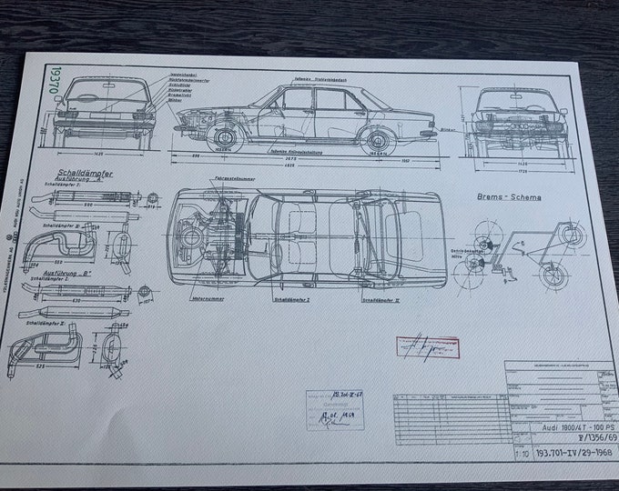 Audi 1800 4T 1969 construction drawing ART work blueprint