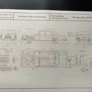 Mercedes W108 1965 S Class Blueprint Construction Drawing ART work