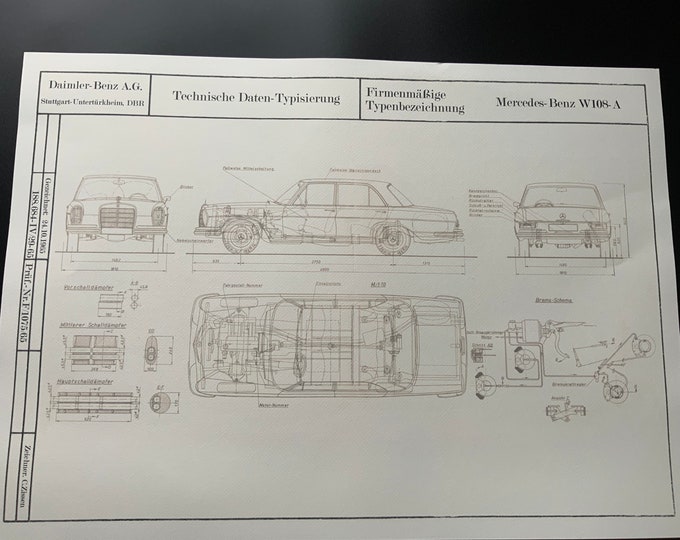 Mercedes W108 1965 S Class Blueprint Construction Drawing ART work