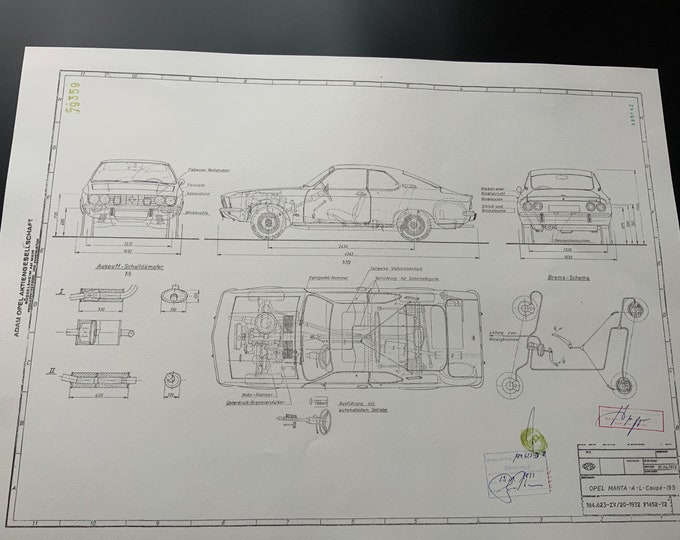 Opel Manta A 1972 Blueprint Construction Drawing ART work
