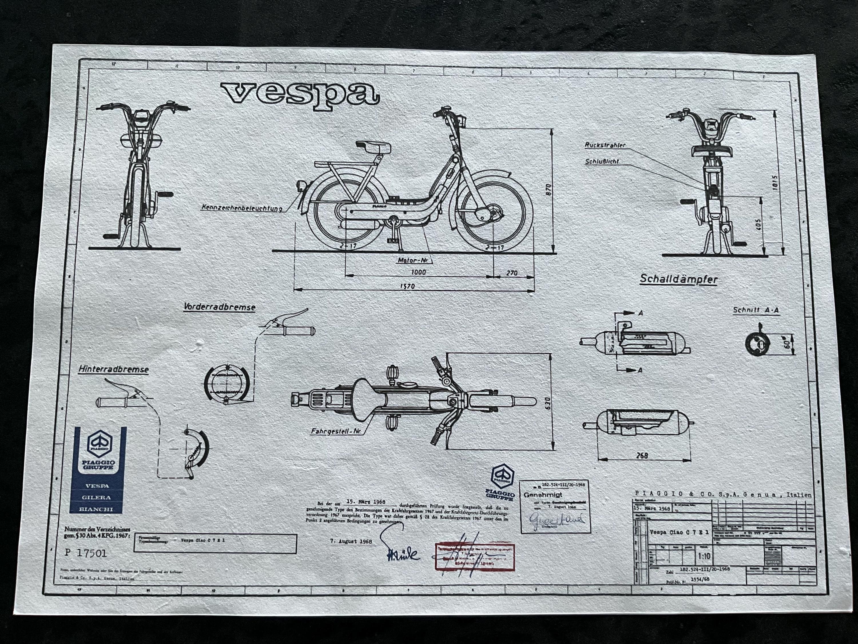 Vespa Piaggio Ciao From 1968 Construction Drawing ART Work