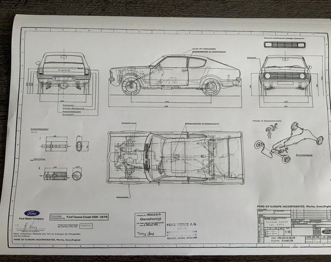 Ford Taunus Coupé 1300 59PS 1970 construction drawing ART work blueprint