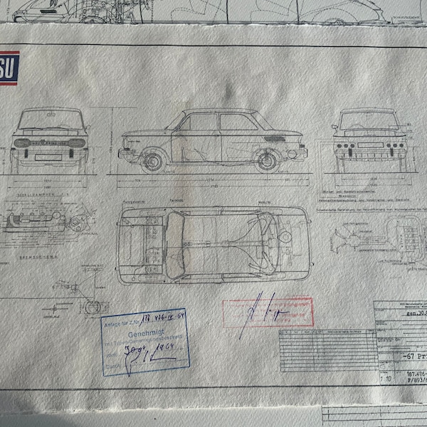 NSU Prinz 67 1000 1964 Konstruktionszeichnung ART work Blaupause