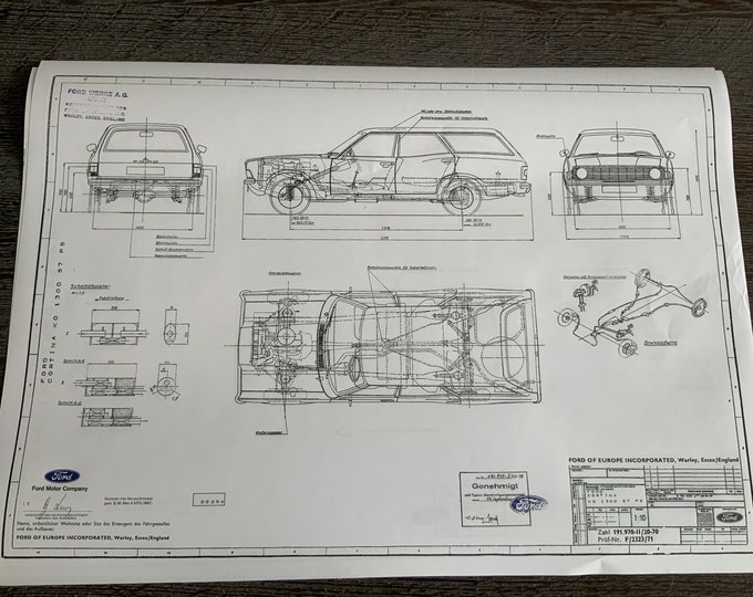 Ford Cortina station wagon 1300 57HP 1970 construction drawing ART work blueprint