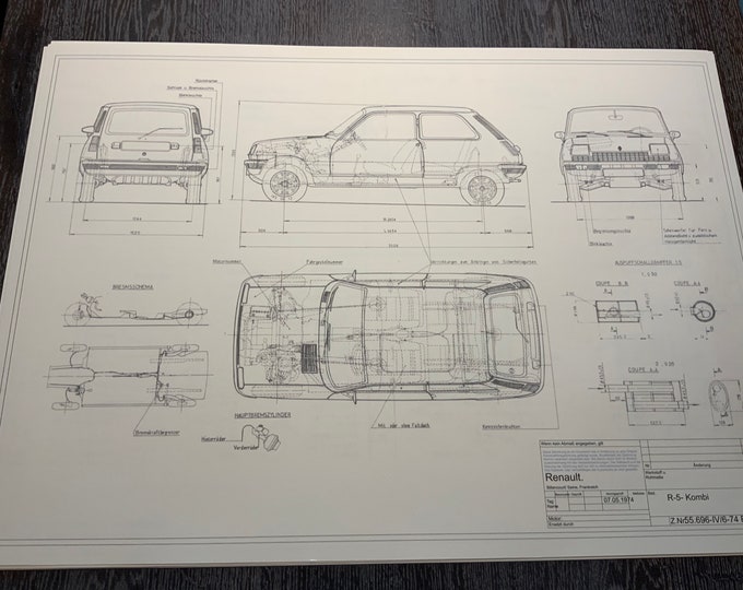 Renault 5 1974 construction drawing ART work Blueprint