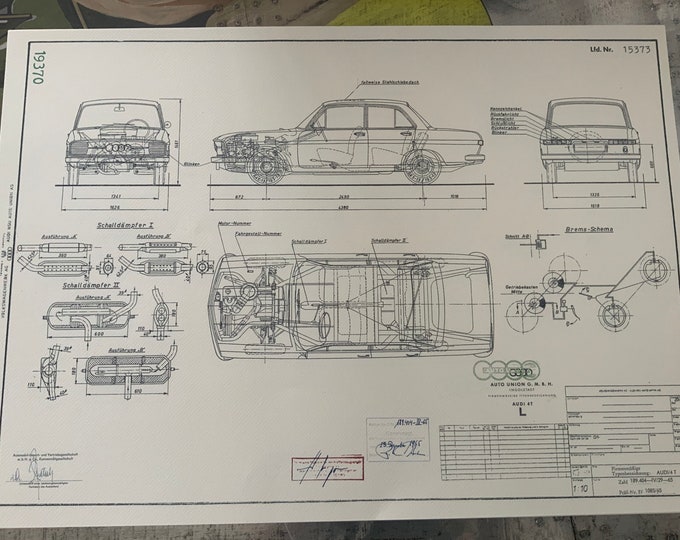 Audi B1 80 L 4 door 1966 construction drawing ART work blueprint