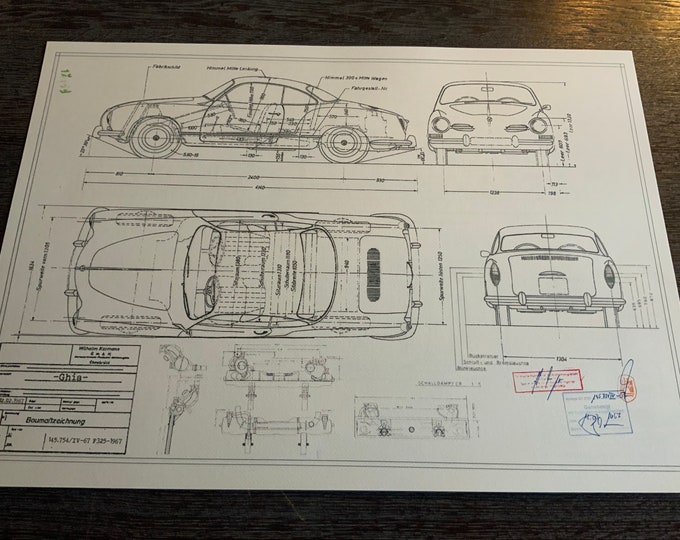 Karmann Ghia Type 14 1967 Coupe construction drawing ART work blueprint