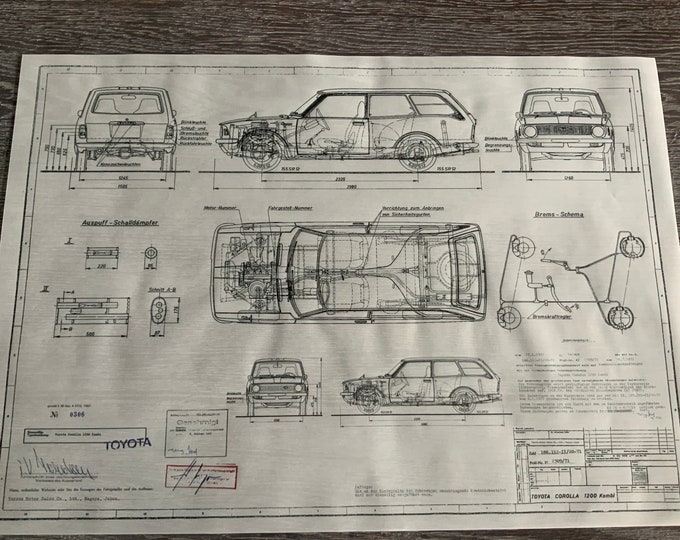 Toyota Corolla 1200 station wagon 1971 construction drawing ART work blueprint