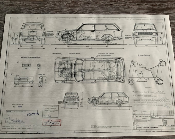 Toyota Corolla 1200 station wagon 1971 construction drawing ART work blueprint