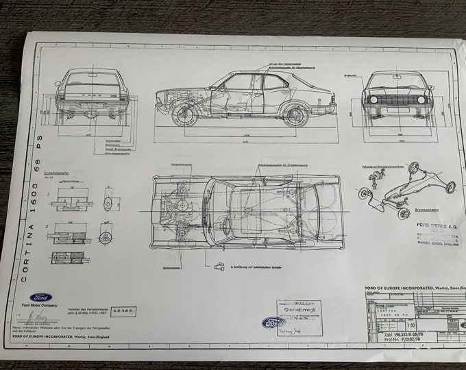 Ford Cortina 1600 68KPS 2-4 doors 1970 construction drawing ART work blueprint