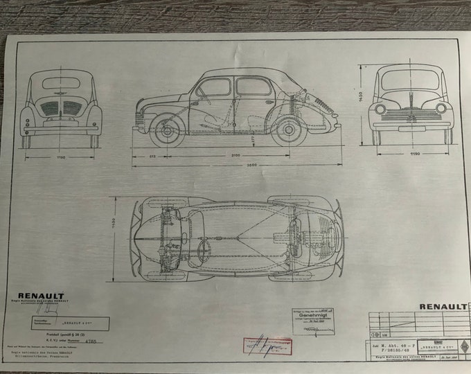 Renault 4 CV 1948 Cremeschnittchen construction drawing ART work