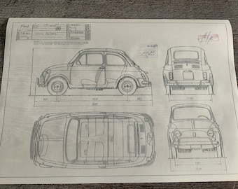 フィアット500L 1957年デザイン図面アートワーク - Etsy 日本