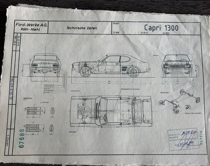 Ford Capri 1300 1970 construction drawing ART work