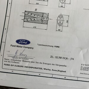 Puede incluir: Documento en blanco y negro con el logotipo de Ford Motor Company y el texto "Typenbezeichnung: FORD GRANADA 2500 125 25 ZI: 52.787-IV/6 - 174 FORD OF EUROPE INCORPORATED, Warley, Essex/England"