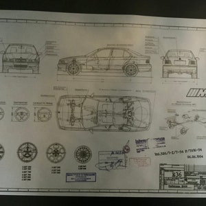 May include: A black and white technical drawing of a BMW E36 3-series car. The drawing shows the car from the front, side, and top views. It also includes details of the car's suspension and wheels. The drawing is dated June 6, 1994.