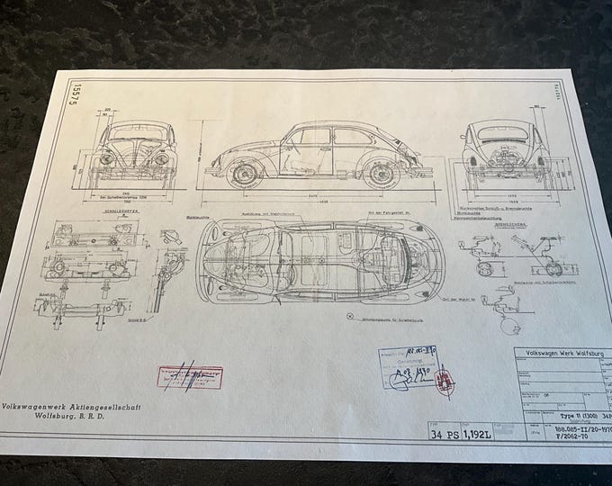 Beetle 1200 34 HP 1970 construction drawing ART work Blueprint