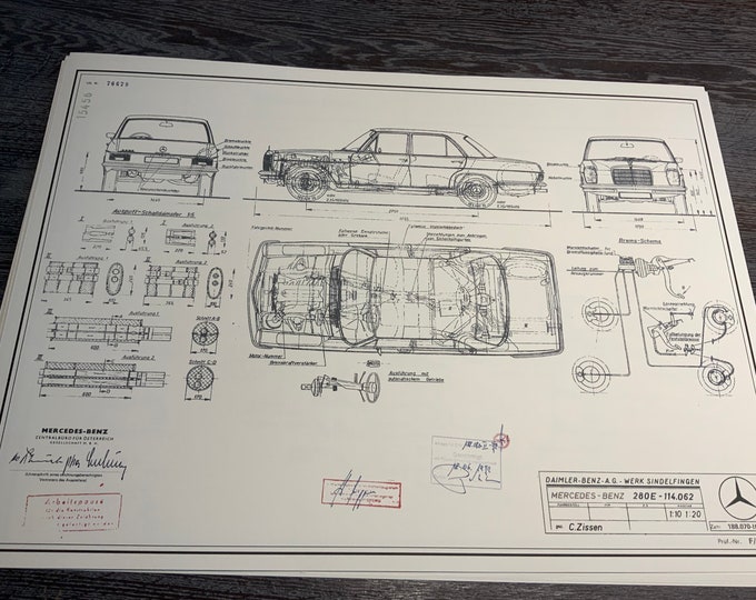 Mercedes W114 280E 1972 construction drawing ART work blueprint