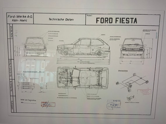 Ford Fiesta 1976 1st Generation Design Drawing / Blueprint Artwork
