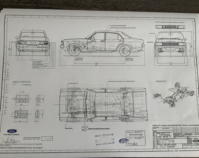 Ford Granada 2300 108PS 4 Doors 1972 Construction Drawing ART work Blueprint