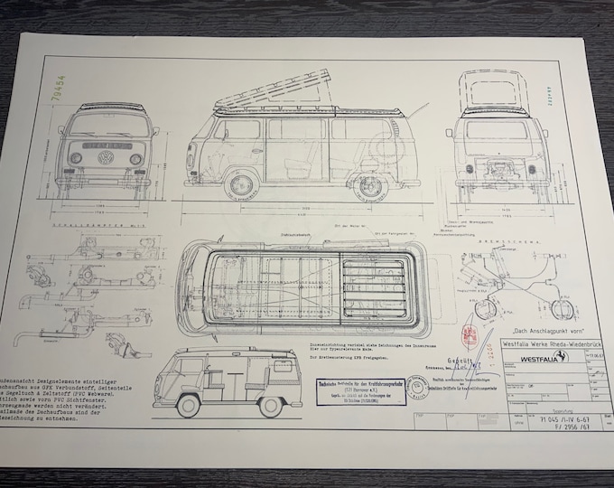 Westfalia T2 A Bus 1967 construction drawing ART work Blueprint