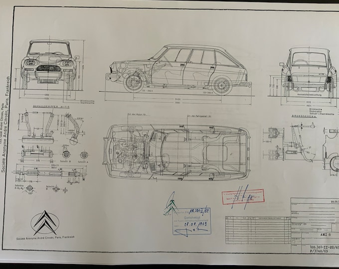 Citroen Ami 8 1969 construction drawing ART work blueprint