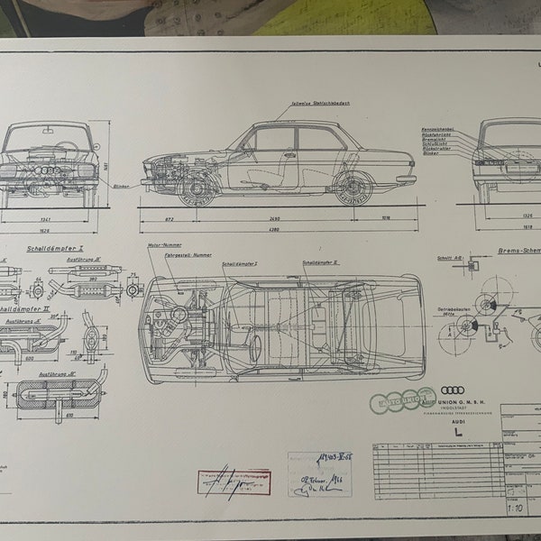 Audi B1 80 L 2 Türer 1966 Konstruktionszeichnung ART work Blaupause