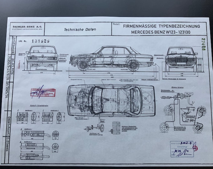 Mercedes W123 Limousine 1976 design drawing ART work