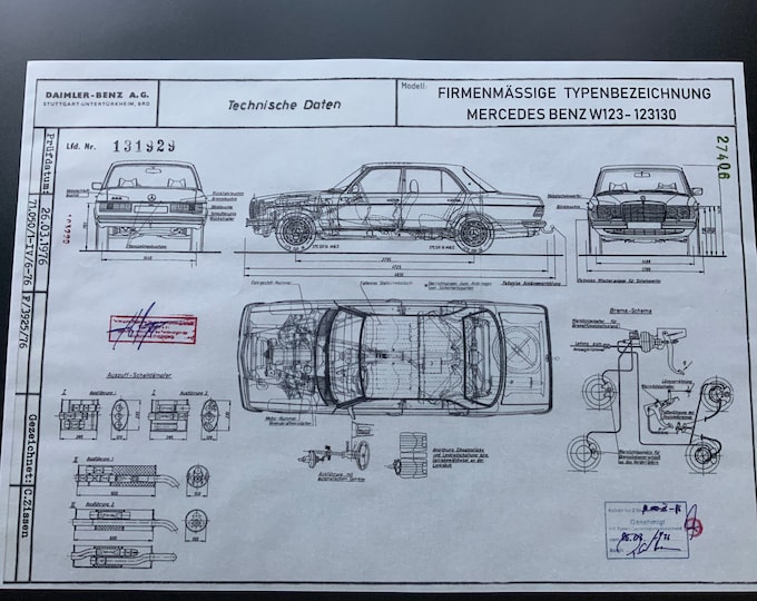 Mercedes W123 Sedan 1976 construction drawing ART work