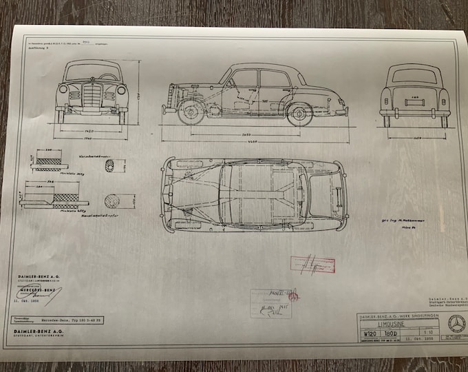 Mercedes W120 180D Ponton 1955 ( 180D 43 HP ) construction drawing ART work blueprint