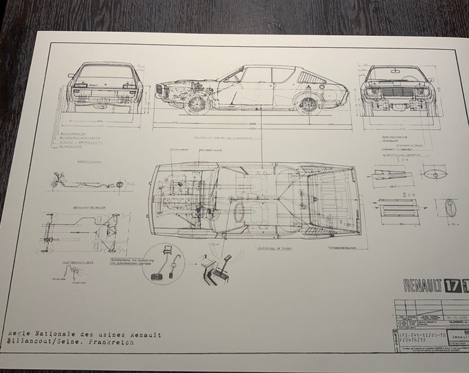Renault 17 TL 1972 construction drawing ART work Blueprint