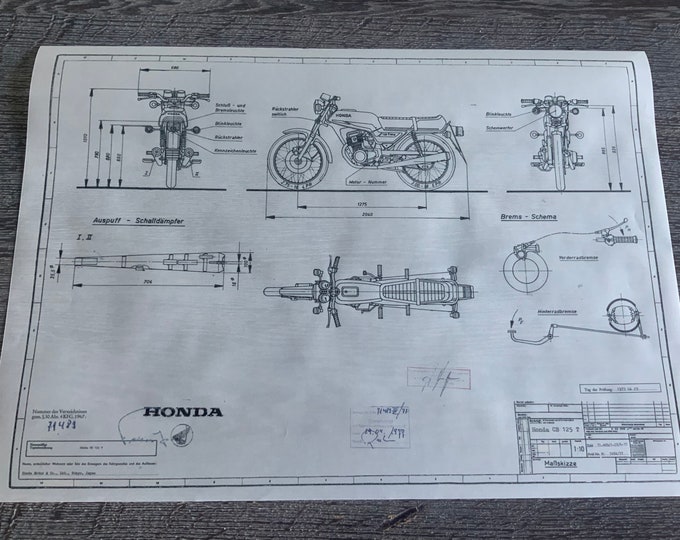 Honda CB 125 Twin 1977 construction drawing ART work blueprint