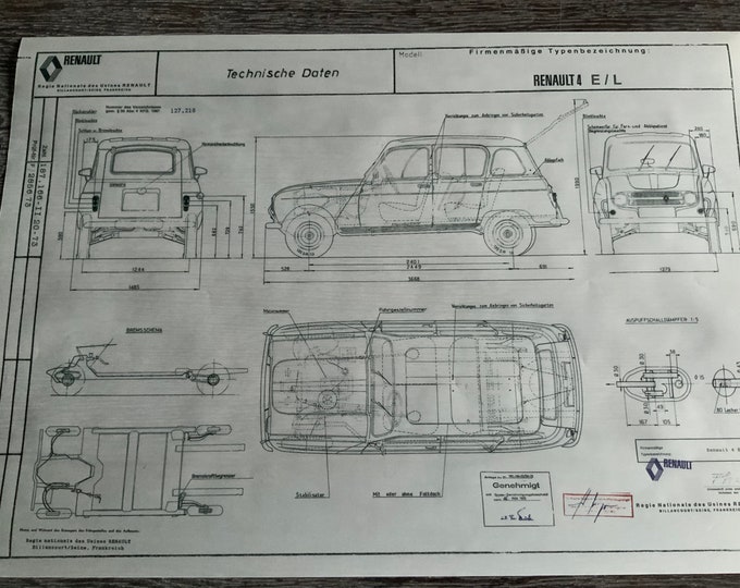 Renault R4 E / L 1973 construction drawing ART work blueprint