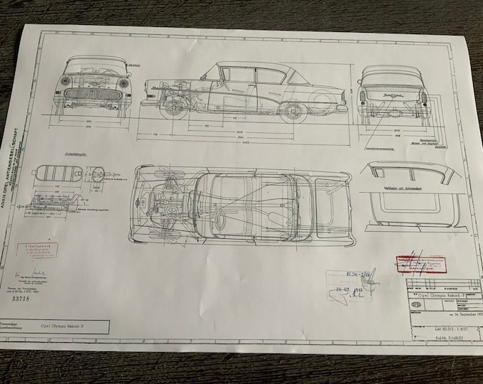 Olympia Rekord P 1957 Opel construction drawing ART work blueprint