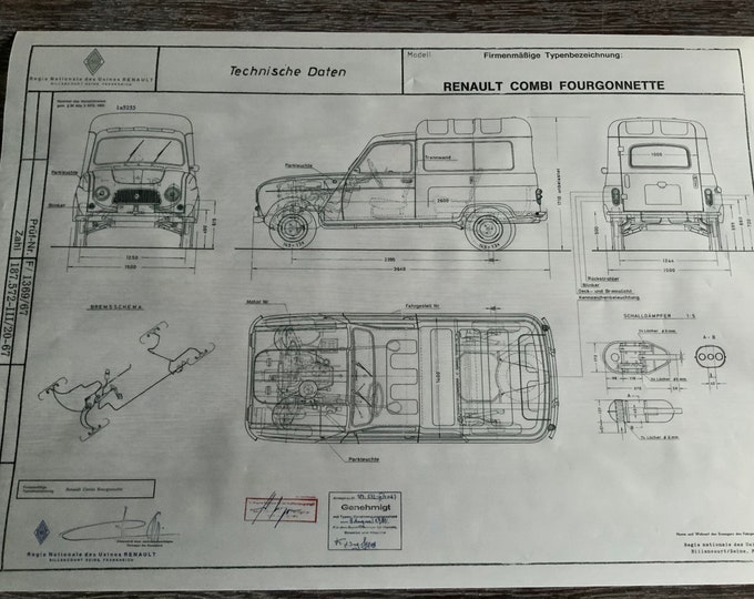 Renault R4 Combi Fourgonnette 1967 construction drawing ART work blueprint