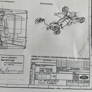 Puede incluir: Un dibujo t&eacute;cnico en blanco y negro del sistema de frenado del eje trasero de un autom&oacute;vil. El dibujo est&aacute; etiquetado como "Bremsschema" e incluye el texto "Ford Granada 2600 - 125 PS" y "Zahl 184.275-11/20-72 Pr&uuml;f-Nr. F/2505/72".