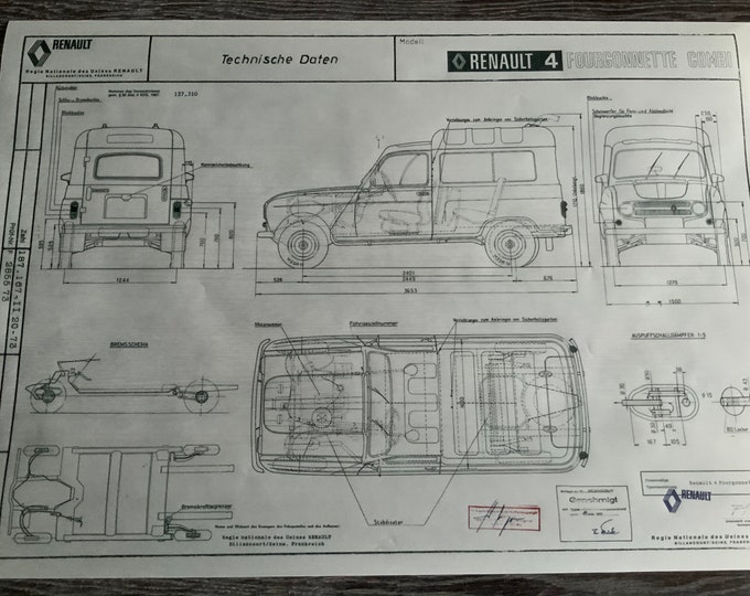 Renault R4 Fourgonnette Combi 1973 construction drawing ART work blueprint