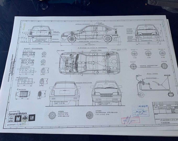 Opel Kadett E CC C16LZ 1986 construction drawing ART work