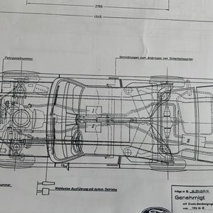 Puede incluir: Un dibujo t&eacute;cnico en blanco y negro de un chasis de autom&oacute;vil con varios componentes etiquetados en alem&aacute;n. El dibujo incluye el texto "Genehmigt", que significa "aprobado" en ingl&eacute;s.