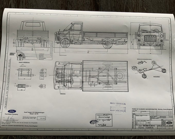 Ford Transit 175 diesel flatbed truck 1972 construction drawing ART work blueprint