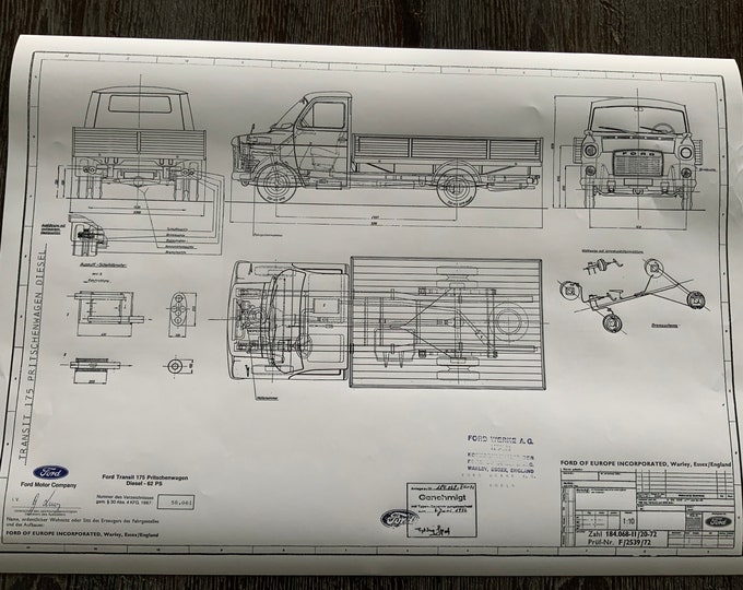 Ford Transit 175 Flatbed Truck Diesel 1972 Construction Drawing ART work Blueprint