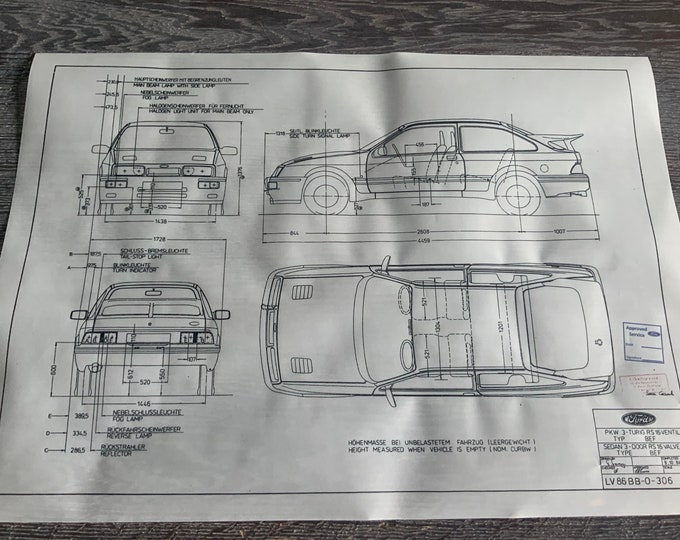 Ford Sierra Cosworth 4 view 1984 construction drawing ART work blueprint