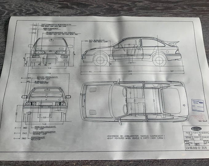 Ford Sierra Cosworth 4 View 1984 Construction Drawing ART work Blueprint