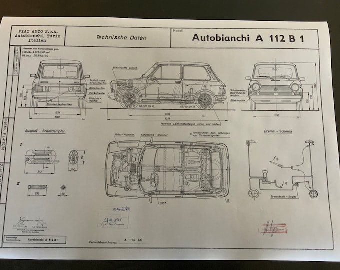 Autobianchi A 112 B1 1978 construction drawing ART work blueprint