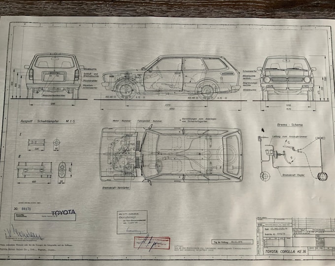 Toyota Corolla KE 36 station wagon 1974 construction drawing ART work blueprint