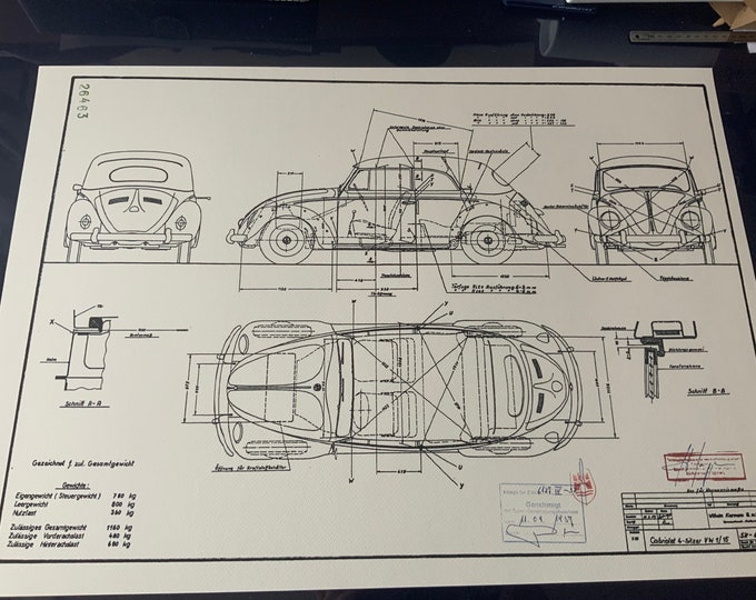 Beetle Cabriolet 1957 construction drawing ART work Blueprint