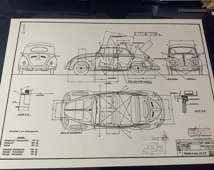 Beetle Cabriolet 1957 construction drawing ART work blueprint