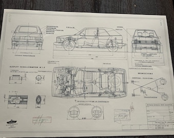 May include: A black and white technical drawing of a Volkswagen Golf, showing the car's dimensions and various components. The drawing includes details of the exhaust system, brakes, and other parts. The text "VW Golf Typ 17 - " is visible in the lower right corner.