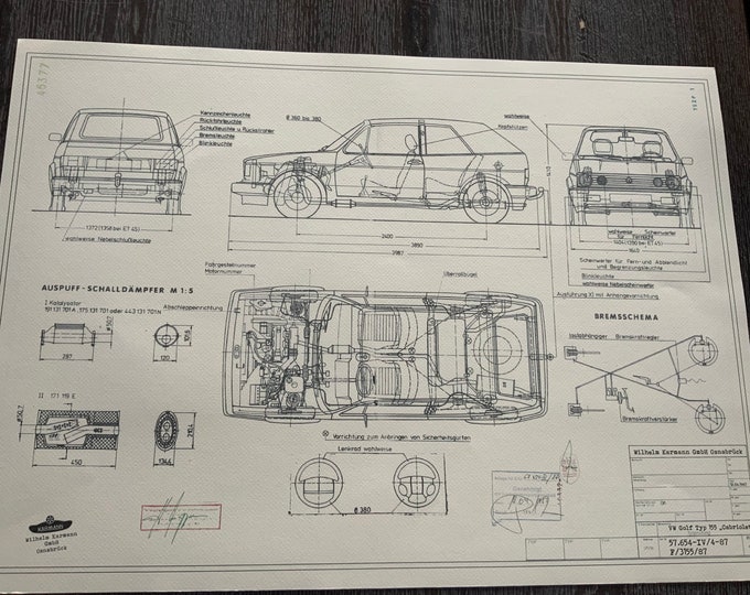 Golf I Cabriolet Series II from 1987 Blueprint construction drawing ART work