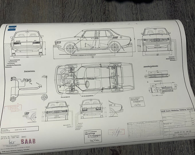 Saab 99 GL 100PS 1975 construction drawing ART work Blueprint